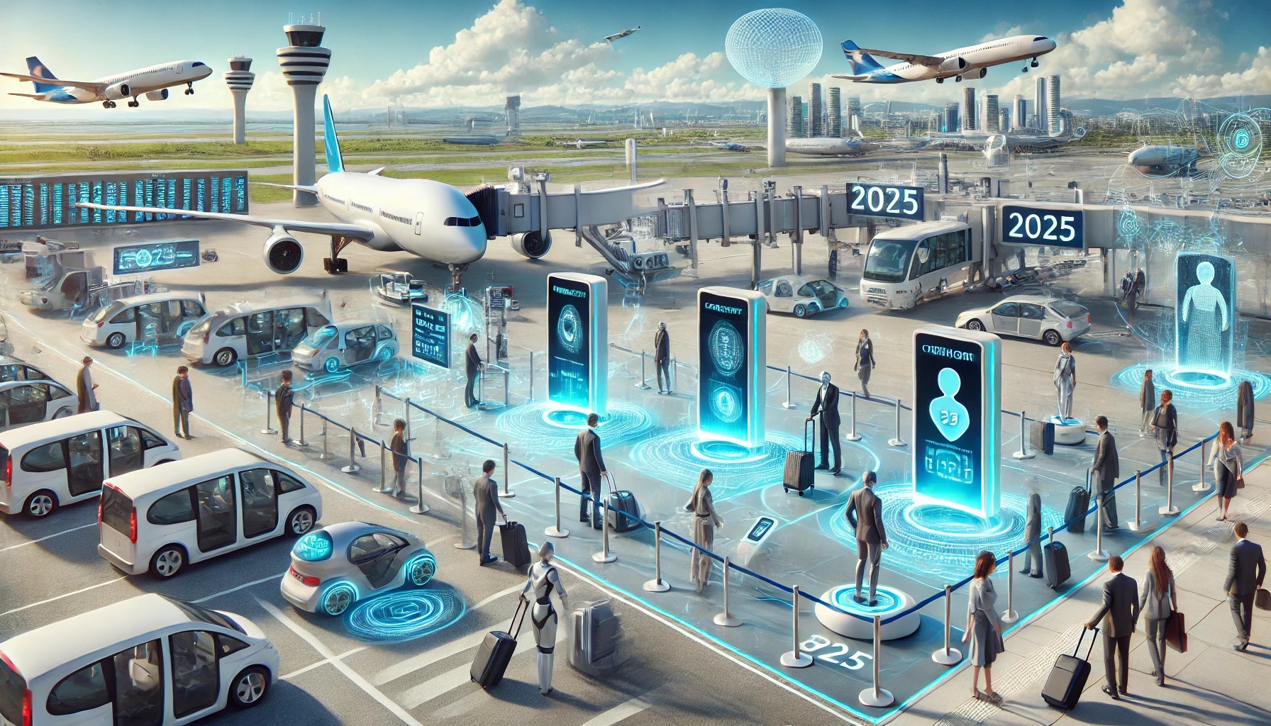 DALL·E 2024-12-17 12.05.22 – A realistic, futuristic airport scene showcasing travel tech trends for 2025 in a wide landscape view. The image features advanced biometric checkpoin